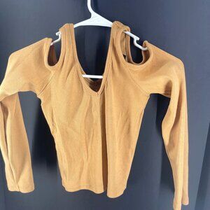 Forever 21 Tan Ribbed Cold Shoulder Long Sleeve Top Size M